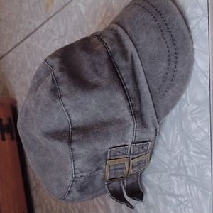 Cadet billed hat w/ decorative buckles on both sides- grey denim color